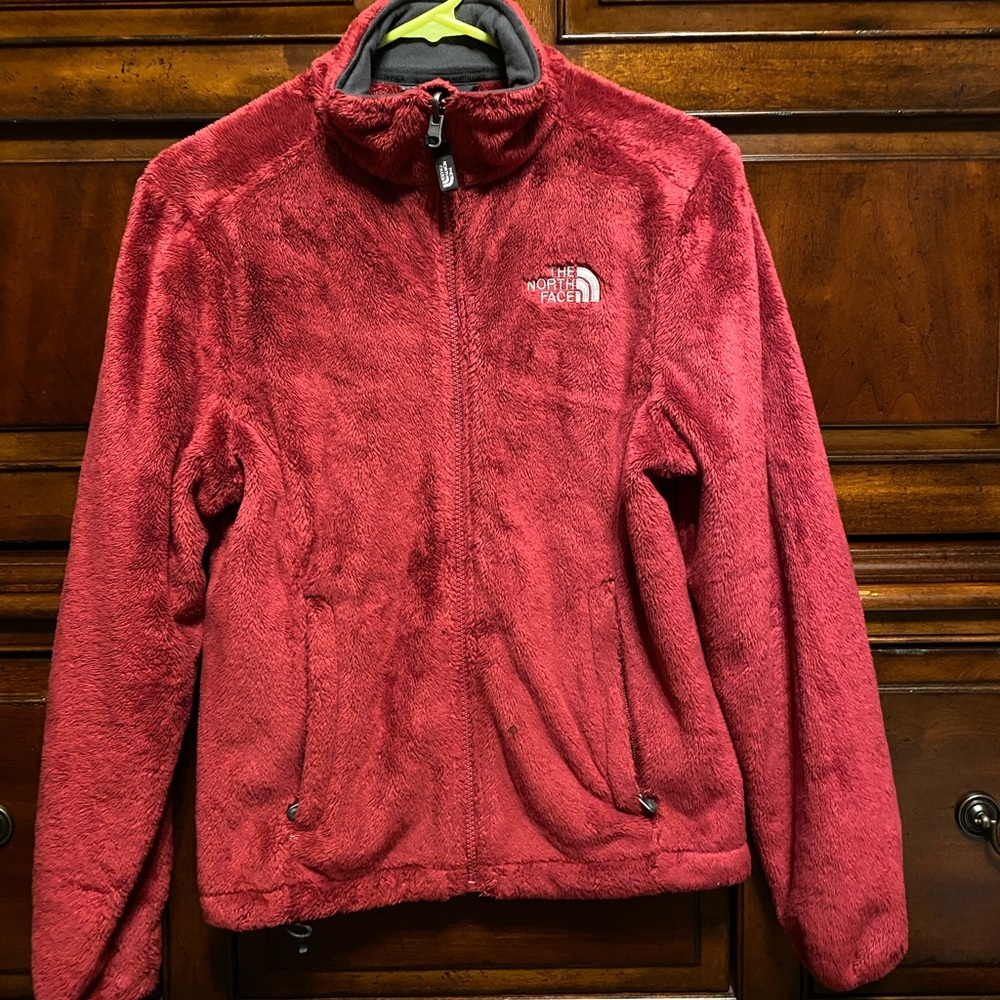 Dark pink North Face fuzzy zip up jacket
